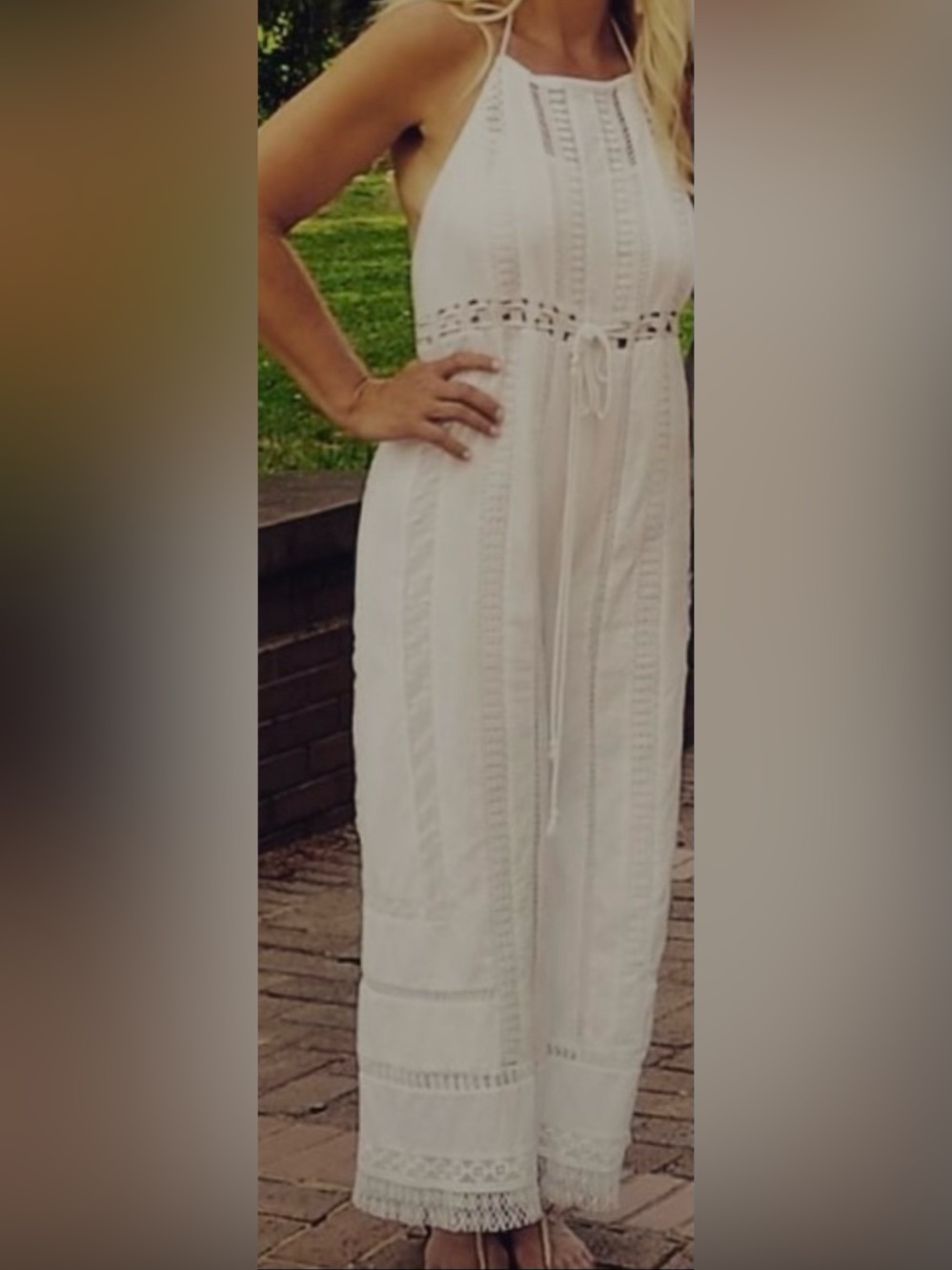 Anthropologie White Halter Crochet Wide-Leg Jumpsuit